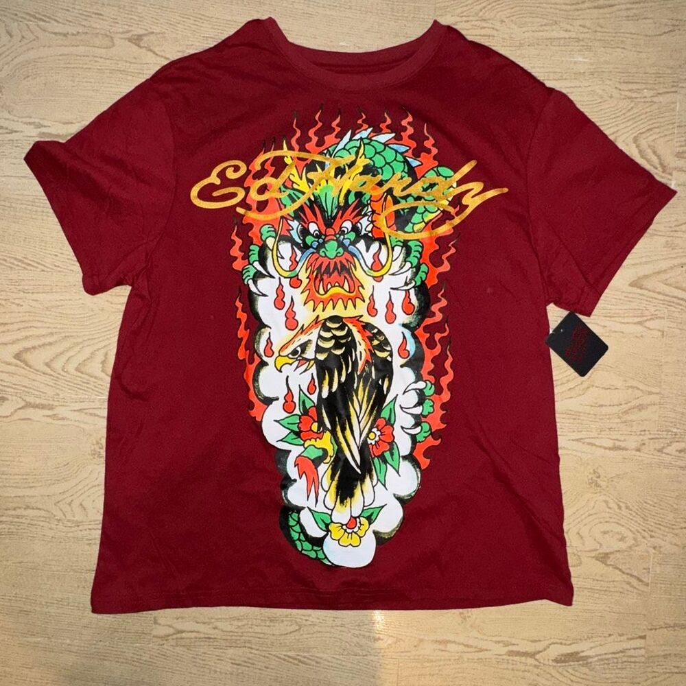 NWT Ed Hardy men's T-shirt in‎ red with a dragon and eagle print size large